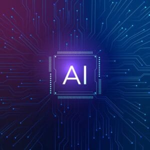 Chip de inteligência artificial no centro de uma imagem com diversos bits passando ao redor