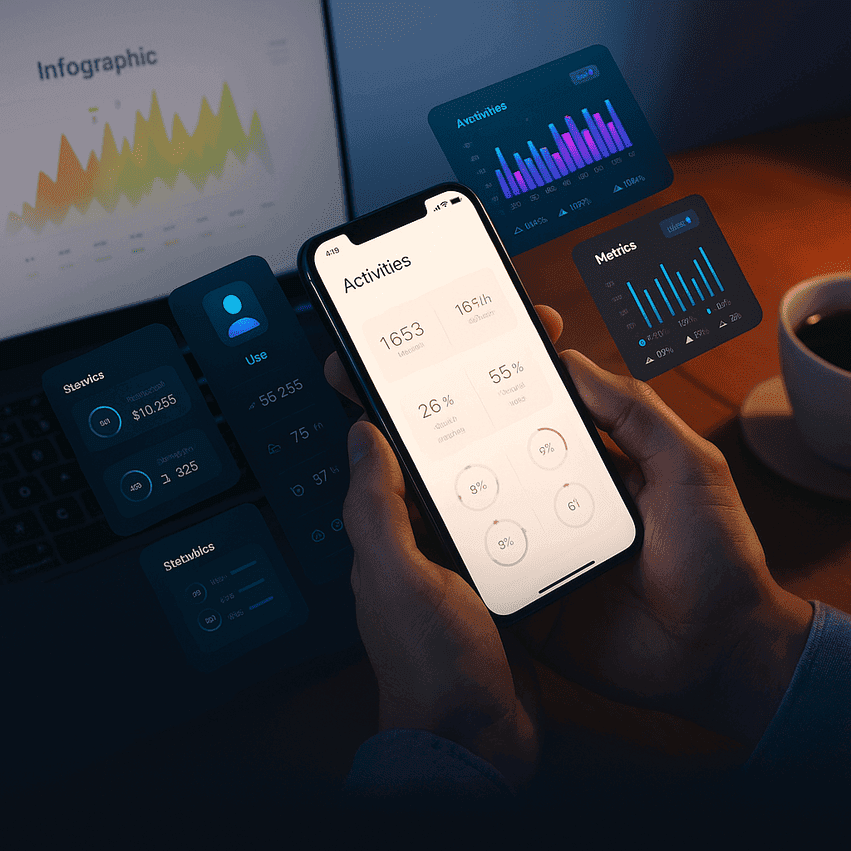 pessoa fazendo marketing digital para pequenas empresas através de análises de infográficos pelo celular