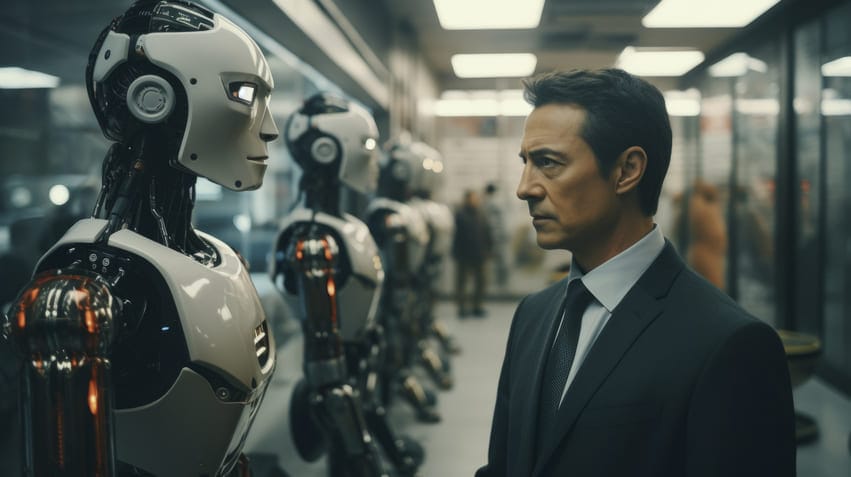 Homem com terno olhando para vários robôs que representam o futuro da Inteligência Artificial