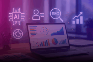 Notebook em mesa com gráficos coloridos na tela e ícones de IA, SEO e personalização flutuando, simbolizando as tendências de marketing para 2025.