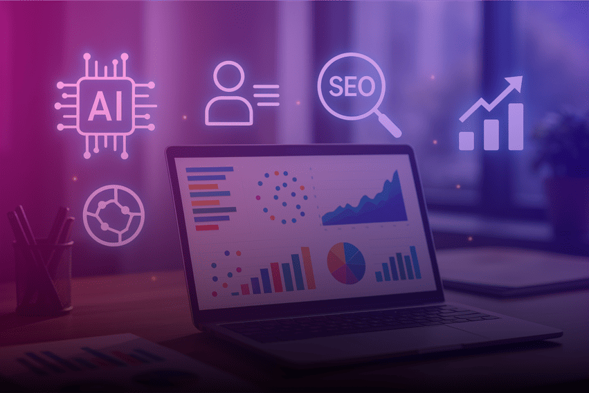 Notebook em mesa com gráficos coloridos na tela e ícones de IA, SEO e personalização flutuando, simbolizando as tendências de marketing para 2025.