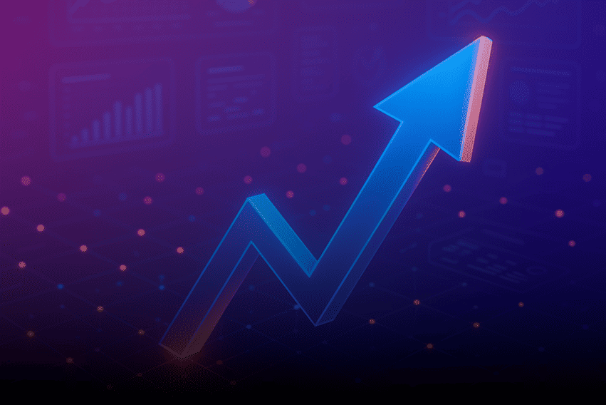 Seta azul em formato de zigue-zague apontando para cima sobre fundo digital com gráficos e dashboards, ilustrando o crescimento acelerado por meio de marketing para empresas de tecnologia.