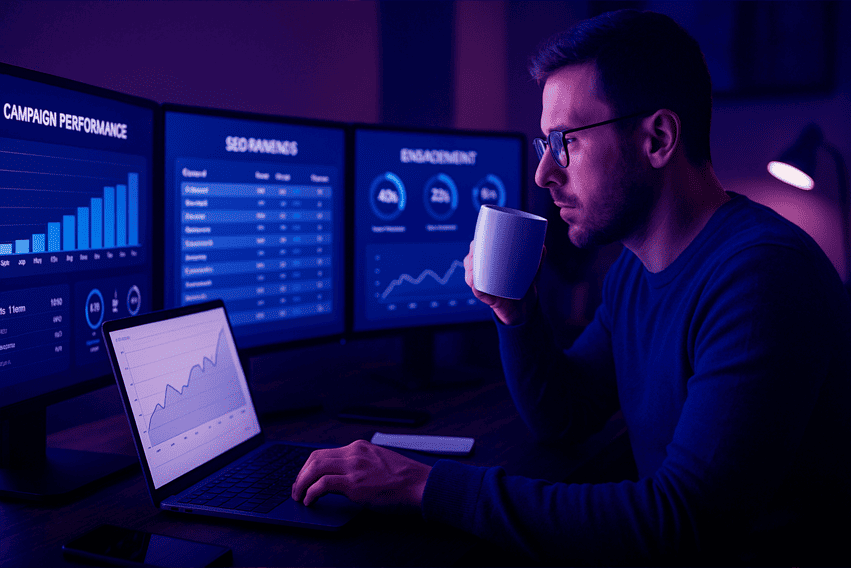 Homem analisando painéis de desempenho de campanhas digitais em monitores, com foco em SEO e engajamento.