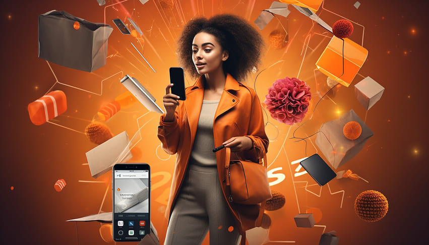 Mulher sorridente interagindo com smartphone, cercada por sacolas e objetos digitais, simbolizando o social commerce e as tendências de marketing para 2025.