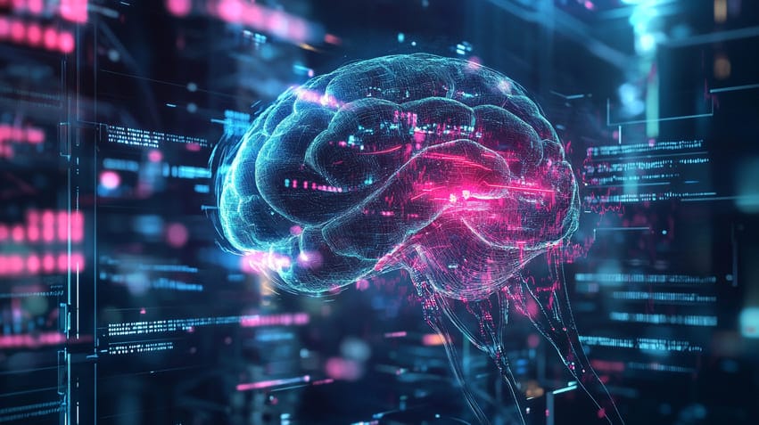 Cérebro humano futurista integrado com a I.A sendo o futuro do Neuromarketing