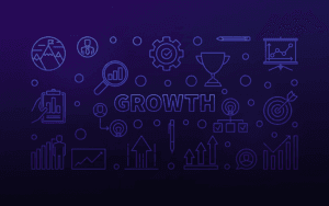 Ilustração com ícones de marketing e gráficos ao redor da palavra growth, representando conceitos de growth marketing.