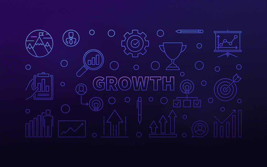 Ilustração com ícones de marketing e gráficos ao redor da palavra growth, representando conceitos de growth marketing.