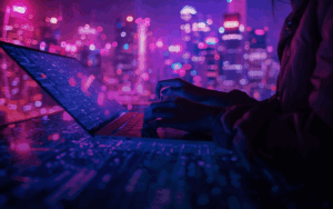 Pessoa usando notebook com interface digital ao fundo, simbolizando estratégias de SEO e marketing digital para pequenas empresas.