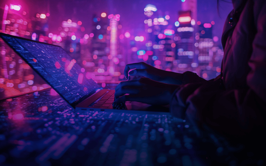 Pessoa usando notebook com interface digital ao fundo, simbolizando estratégias de SEO e marketing digital para pequenas empresas.