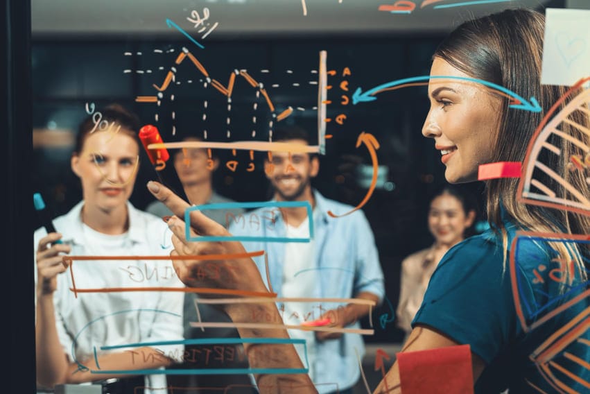 Equipe de marketing colaborando em frente a um painel transparente com gráficos e estratégias de growth marketing desenhadas.