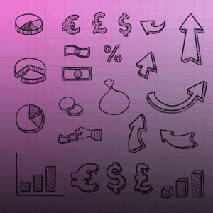 Conjunto de ícones desenhados à mão sobre finanças e crescimento, representando indicadores como o custo de aquisição de cliente (CAC).