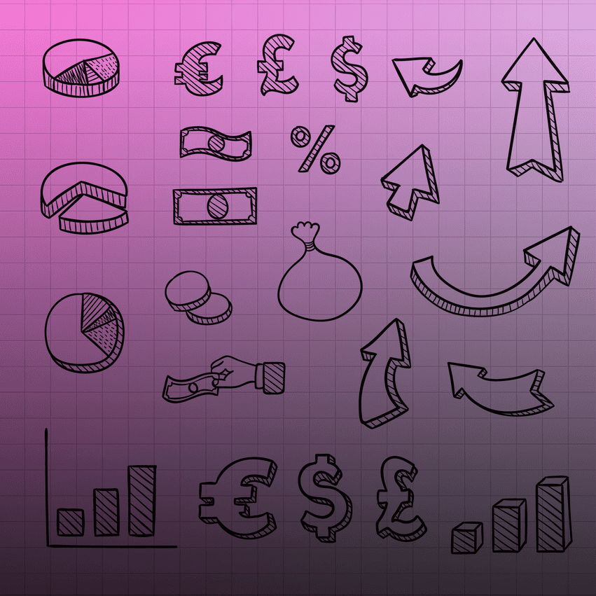 Conjunto de ícones desenhados à mão sobre finanças e crescimento, representando indicadores como o custo de aquisição de cliente (CAC).