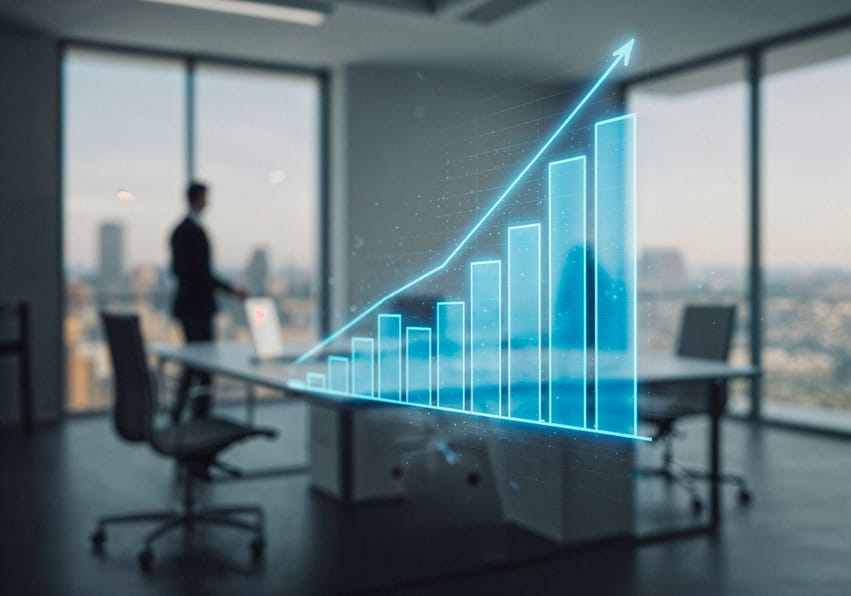 Gráfico de crescimento exponencial em um escritório moderno, simbolizando o uso do LTV para escalar negócios.