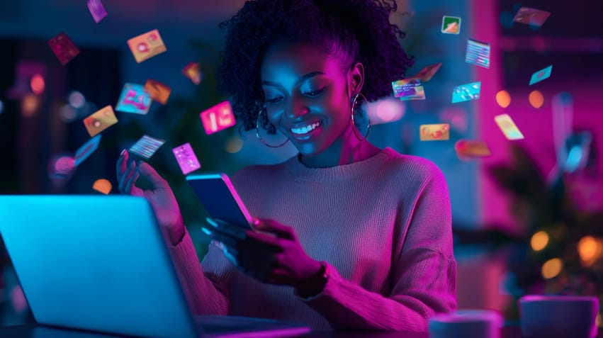 Mulher sorridente usando celular e laptop, com cartões flutuando ao redor, representando estratégias digitais para otimizar o custo de aquisição de cliente (CAC).