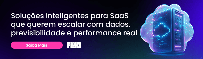 Soluções inteligentes para SaaS que querem escalar com dados, previsibilidade e performance real. Saiba Mais. Logo da agência FLOKI. Computador com simbolo de nuvem "cloud" ao lado.