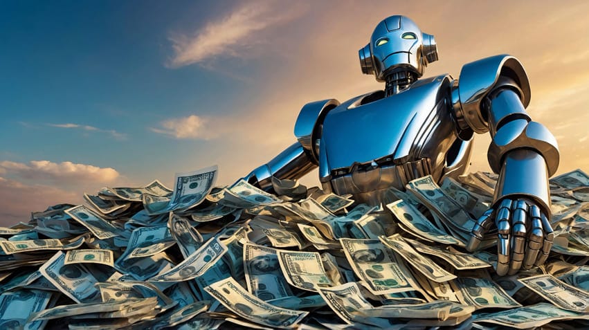 Robô metálico cercado por pilhas de notas de dólar, simbolizando o impacto da inteligência artificial em estratégias de tráfego pago.