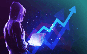 Ilustração conceitual de Growth Hacking com um homem de capuz, gráfico de crescimento e tecnologia digital representando aceleração de resultados.