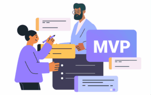 Ilustração conceitual de profissionais discutindo ideias de MVP, representando o trabalho colaborativo e o aprendizado validado.