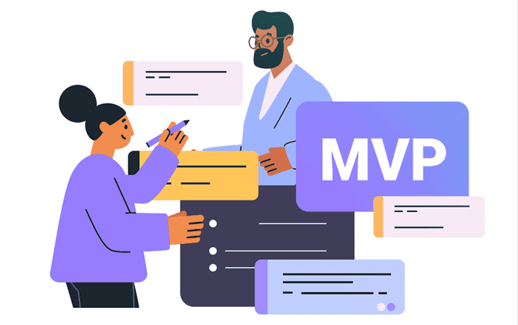 Ilustração conceitual de profissionais discutindo ideias de MVP, representando o trabalho colaborativo e o aprendizado validado.