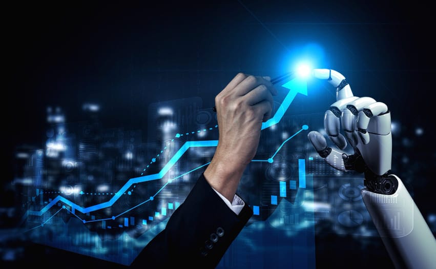 Mão humana e mão robótica colaborando para aumentar gráfico de crescimento digital, representando automação e inteligência artificial no marketing de crescimento.