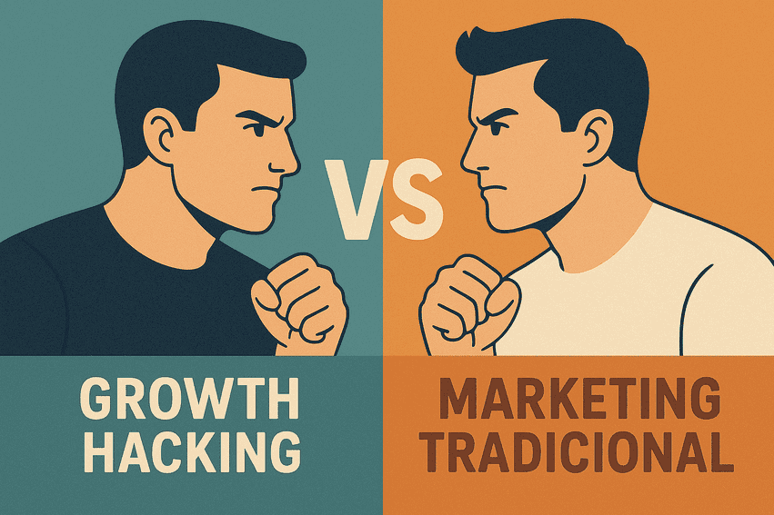 Ilustração comparando Growth Marketing e Marketing Tradicional, destacando as diferenças entre experimentação e campanhas convencionais.