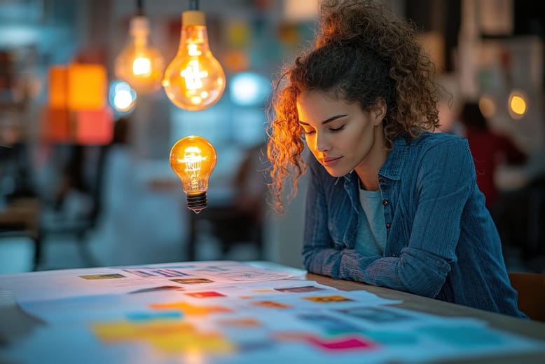Mulher analisando ideias criativas sob lâmpadas acesas, representando o processo de iteração e aprendizado contínuo.