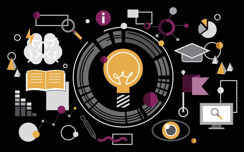 Representação visual do Ciclo de Aprendizagem com elementos de criatividade, ideias e inovação no marketing.