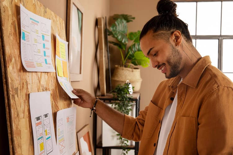 Profissional planejando o desenvolvimento de um MVP em um quadro de ideias, representando as etapas de construção e validação de produtos.