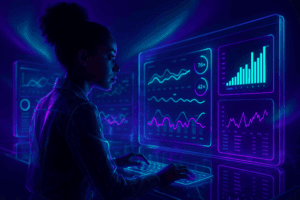 Analista observando dashboard digital com indicadores de performance e crescimento de negócios.