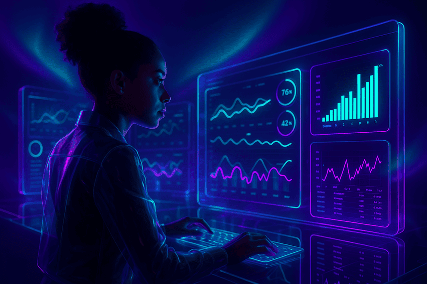 Analista observando dashboard digital com indicadores de performance e crescimento de negócios.
