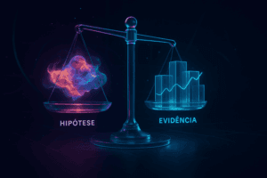 Ilustração de uma balança comparando uma hipótese e as evidências estatísticas com elementos visuais contrastantes.