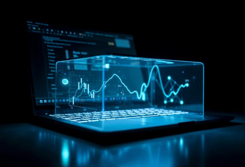 Laptop exibindo holograma com gráficos de desempenho e métricas financeiras de uma empresa SaaS.