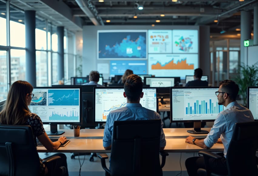 Equipe de marketing e dados acompanhando painéis de indicadores em ambiente corporativo moderno.