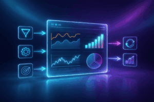 Dashboard com métricas e gráficos representando estratégias de marketing para SaaS e crescimento de empresas de software.