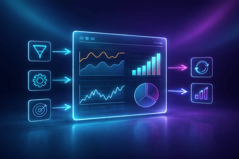 Dashboard com métricas e gráficos representando estratégias de marketing para SaaS e crescimento de empresas de software.