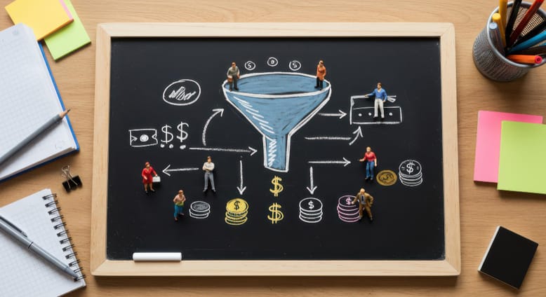 Ilustração de funil de vendas aplicado ao marketing para SaaS com foco em conversão e retenção.