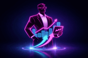 Ilustração futurista de fundador SaaS analisando gráficos de crescimento, representando estratégia de Founder Led Growth no mercado B2B.