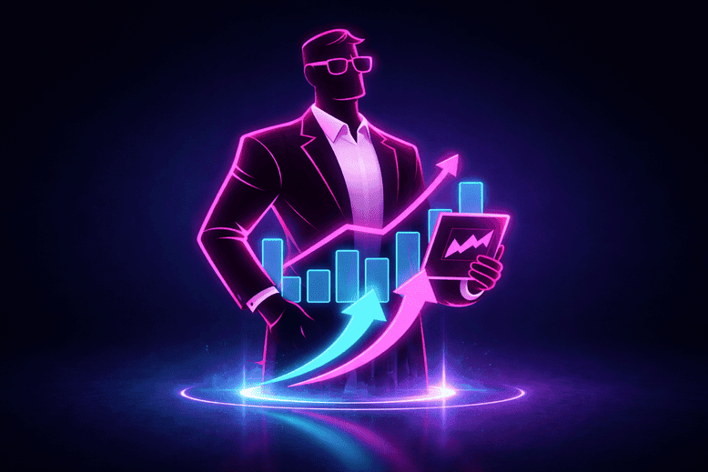 Ilustração futurista de fundador SaaS analisando gráficos de crescimento, representando estratégia de Founder Led Growth no mercado B2B.