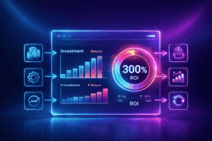 Dashboard financeiro com gráficos de investimento e retorno mostrando ROI de 300%, representando análise de desempenho e resultados financeiros.