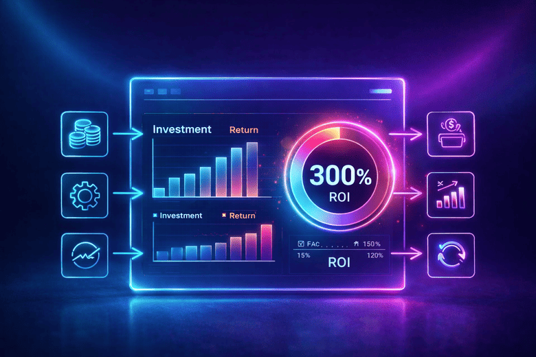 Dashboard financeiro com gráficos de investimento e retorno mostrando ROI de 300%, representando análise de desempenho e resultados financeiros.
