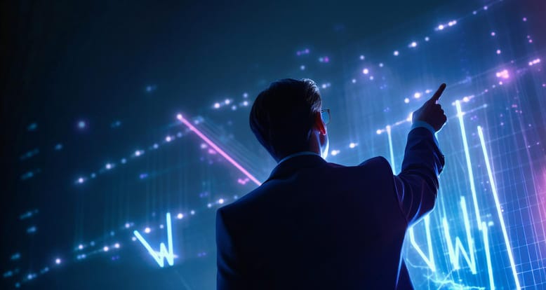 Executivo analisando painel digital com gráficos de crescimento, representando decisões estratégicas baseadas em autoridade e demanda qualificada.
