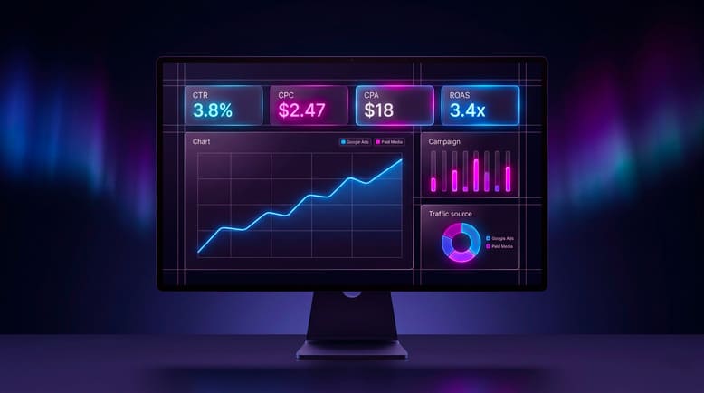 Dashboard de métricas de tráfego pago para SaaS exibindo CTR, CPC, CPA e ROAS em gráfico de performance digital.
