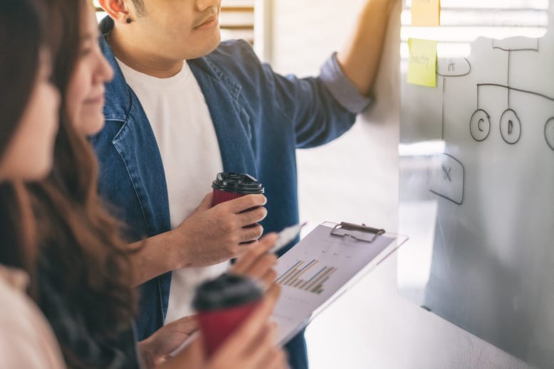 Três profissionais de marketing analisando um diagrama no quadro branco durante reunião de planejamento de funil pirata