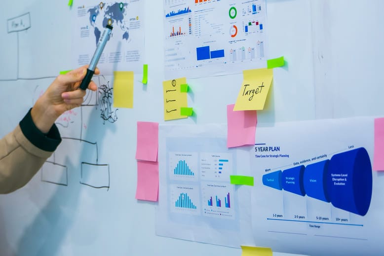 Quadro de planejamento estratégico com gráficos, post-its e funil de 5 anos representando etapas de crescimento do funil pirata
